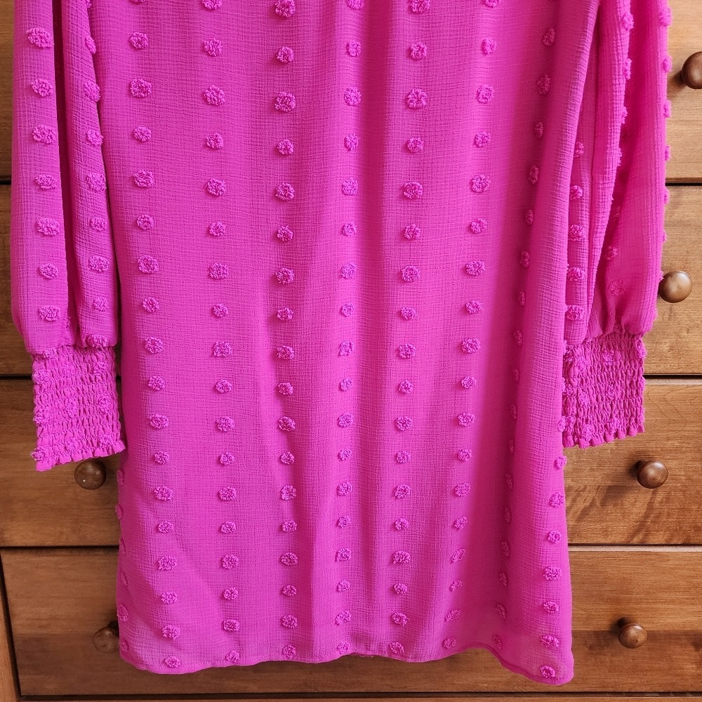 Versona Swiss Dot Shift Dress Womens XS Magenta Pink Smocked Long Sleeve Barbie - Picture 4 of 11